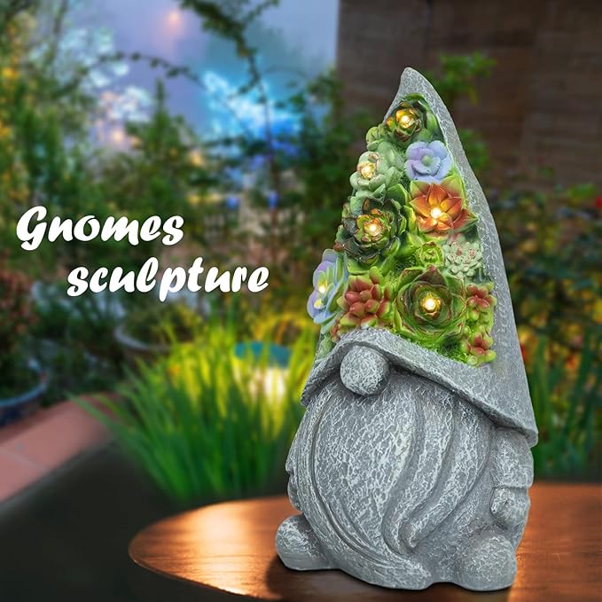 Solar Garden Statues Gnomes Figurine with Succulent and LED Lights - Garden Gnome Statues Decorations for Yard, Outside, Patio, Balcony - Gardening Housewarming Birthday Gifts