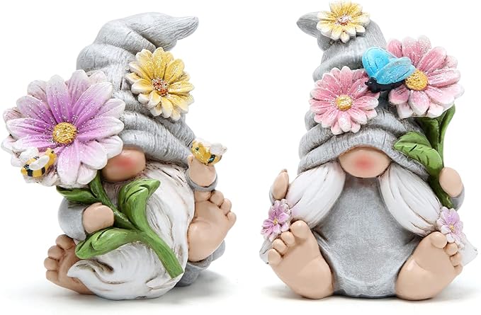Hodao Set of 2 Spring Gnome Decorations Flower Gnomes Ornaments Decor Summer Outdoor Figurines Spring Elves for Porch, Garden Yard, Flower Bed Garden Gifts for Women, Mom