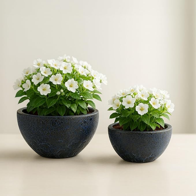 Set of 2 Ceramic & Clay Planter Pots with Stands – Textured Indoor Outdoor Plant Holders, Modern Rustic Decorative Pot Stands for Living Room, Entryway, Bedroom or Patio – 6" & 5", Deep Blue