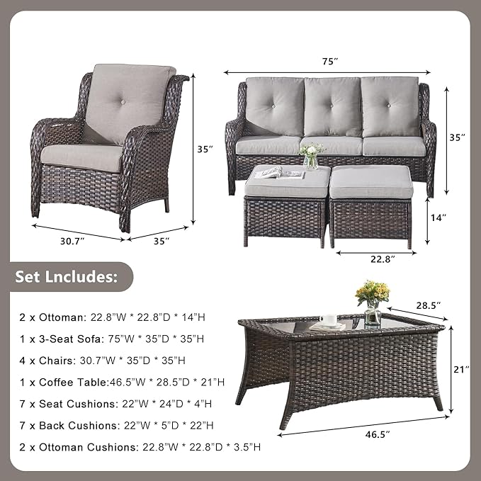 Rilyson Wicker Patio Furniture Chairs Set - 8 Piece Rattan Outdoor Patio Sectional Conversation Sets with 1 Sofa,4 Armrest Chairs,1 Coffee Table and 2 Ottomans for Porch Deck Garden(Brown/Grey)
