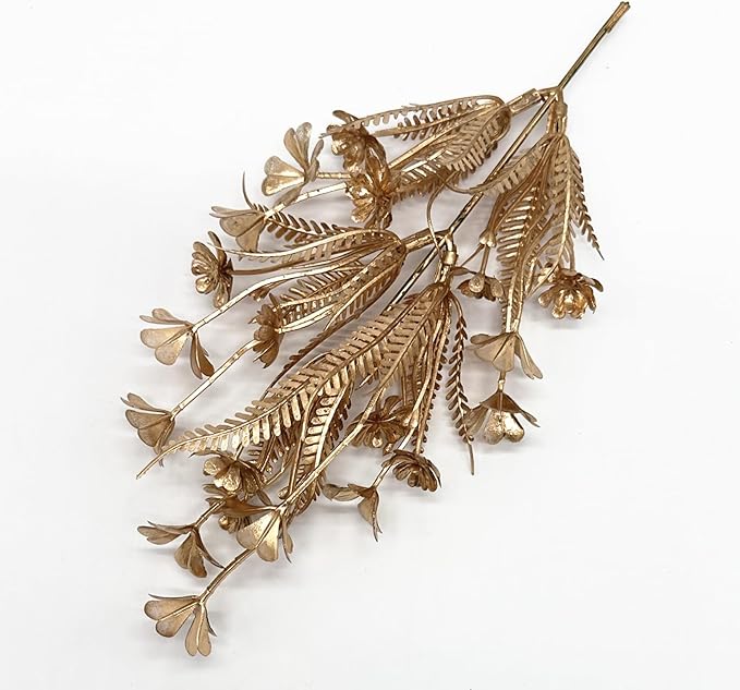Artificial Golden Plants Decor, Fake Glitter Clover Stem Plastic Flowers Faux Simulation Good Luck Grass Stems Twigs for Wedding Picks Decoration DIY Wreath Crafts Christmas Tree Filler - Gold 10 Pcs