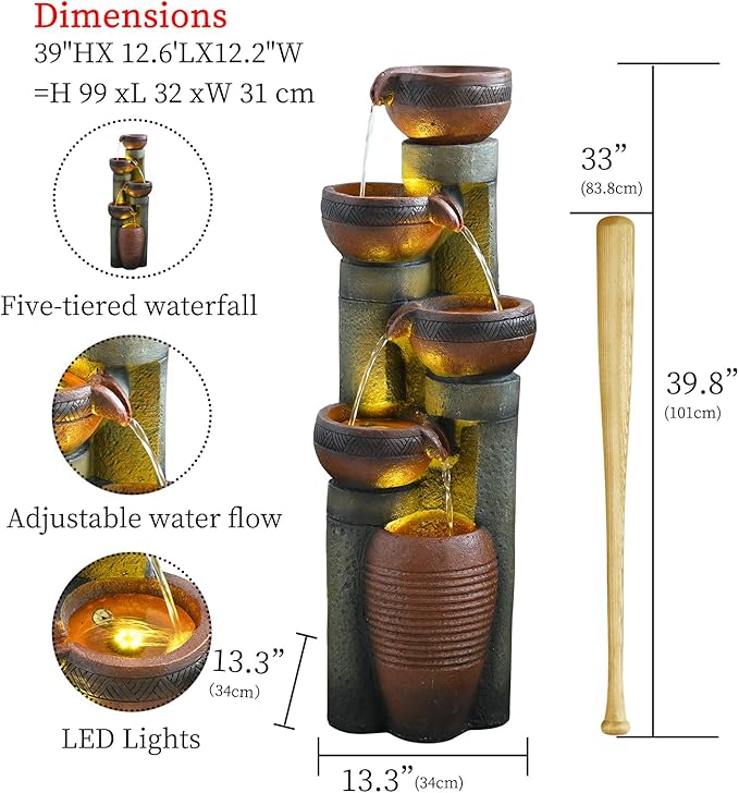 39.7’’H 5-Tier Relaxing Outdoor Indoor Garden Water Fountain Decor - for Contemporary Design for Garden, Patio, Deck, Porch, Backyard and Home Art Decor Brown