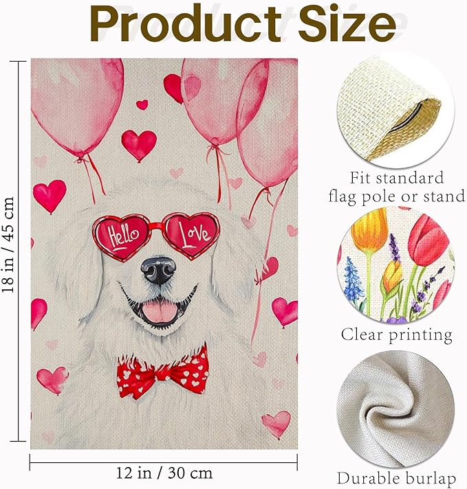 Valentine's Day Great Pyrenees Hello Love Garden Flag, House Yard Plaid Love Heart Outside Decoration, Spring Holiday Wedding Anniversary Outdoor Small Decor 12x18(12629)