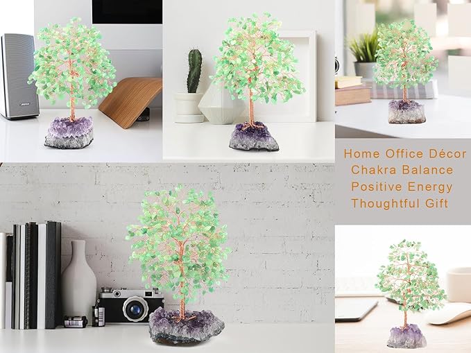 MASGEMES Crystal Tree of Life,Natural Green Aventurine (406 Beads Count) Amethyst Cluster Base, Positive Energy Feng Shui Gem Bonsai Money Tree Good Luck,Gift Size 8.5-9 Inches