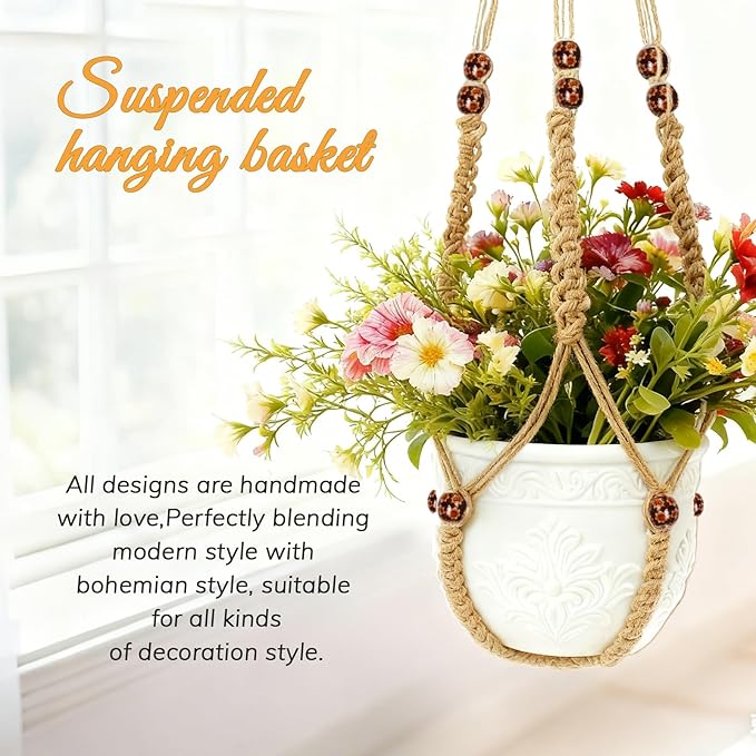 HOREAKHJ 35 Inch Macrame Plant Hanger, Large for up to 15 Inch Pot Extra Long Hanging Planter Holder Basket with Wood Beads for Indoor Outdoor Home Decor (Brown, 2-Pack)