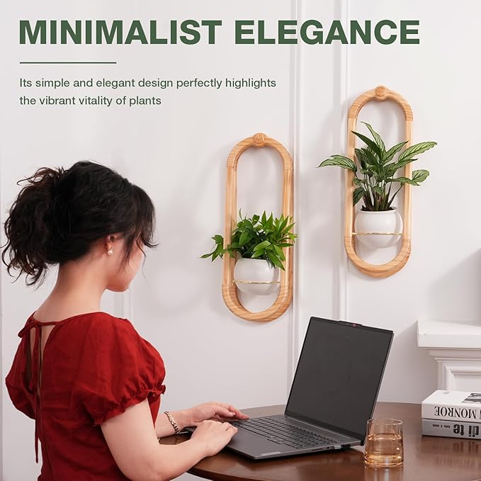 NEKL Wooden Wall Planters for Indoor with Ceramic Pot - Modern Hanging Plant stand Shelf for Indoor Plants, Wall Mounted Plant Holder for Living Room, Bedroom, Wall Decor - Raw Wood Color (Set of 1)