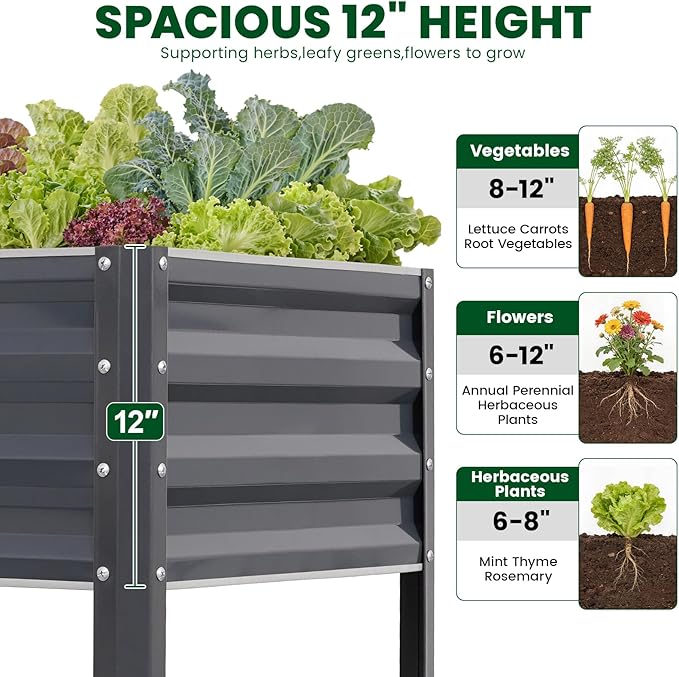 1MORE Elevated Raised Garden Bed with Legs & Storage Rack, 48×24×32in Large Metal Raised Bed for Backyard, Patio. Raised Planter Box with Drainage Holes for Plants Vegetables Flowers Fruits(Grey-1pcs)