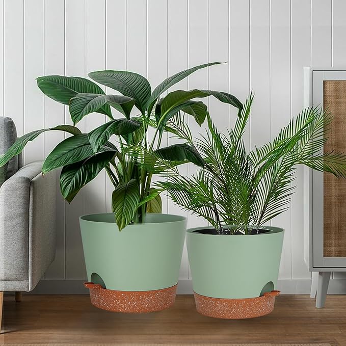SwinDuck 12inch Large Self Watering Plant Pot, Plastic Cylinder Planter with 60Oz Deep Reservoir and Saucer for Indoor Outdoor Plants Flowers Houseplants, Green with Brown