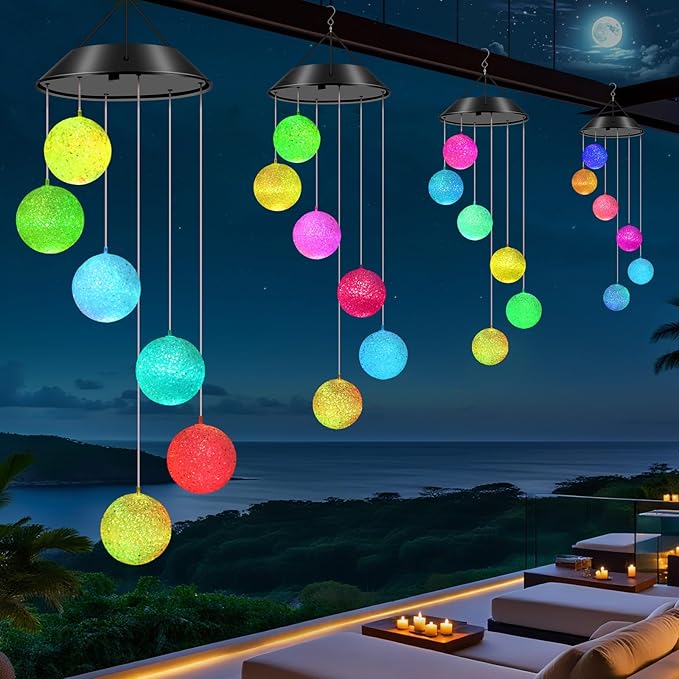WENANA Ball Solar Wind Chimes Color Changing Lights Outdoor, Best Gifts for Mom Grandma Women Wife Aunt Daughter Sister, Unique Mobile Wind Chime, Gardening Yard Decorations