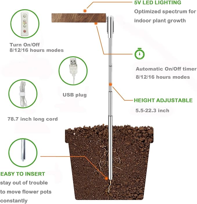 Plant Grow Light,Yadoker LED Growing Light Full Spectrum for Indoor Plants,Height Adjustable, Automatic Timer, 5V Low Safe Voltage,Idea for Small Plant Light