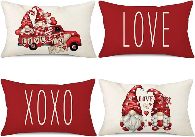NIGHTWISH Valentine's Day Pillow Covers 12x20 Set of 4 Love Heart Truck Gnomes Valentines Day Decorations XOXO Wedding Throw Cushion Case for Sofa Couch