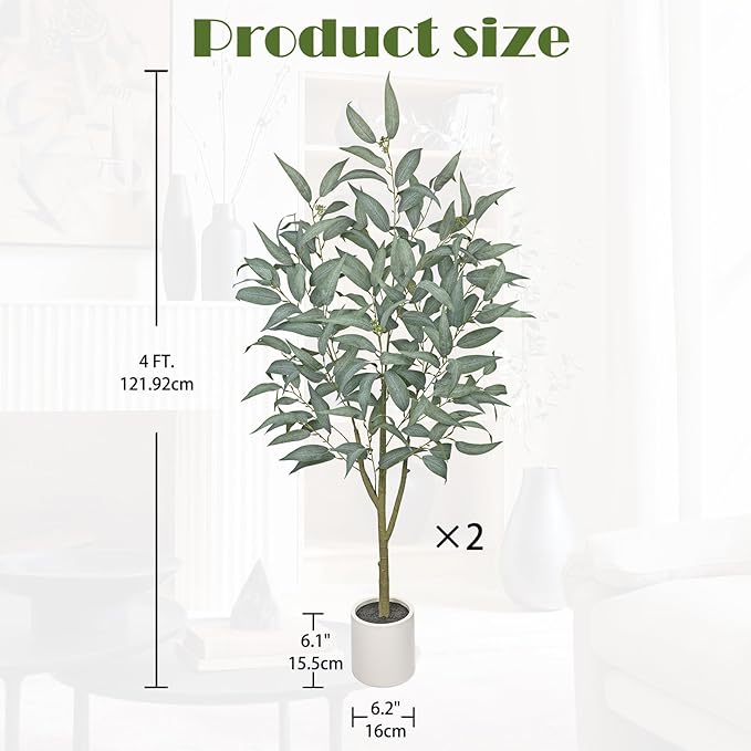 2 Packs Artificial Eucalyptus Tree in White Pot – 4FT Faux Indoor Plant for Home Décor, Modern Greenery for Living Room, Bedroom, Office – Realistic Silk Leaves, Minimalist Planter