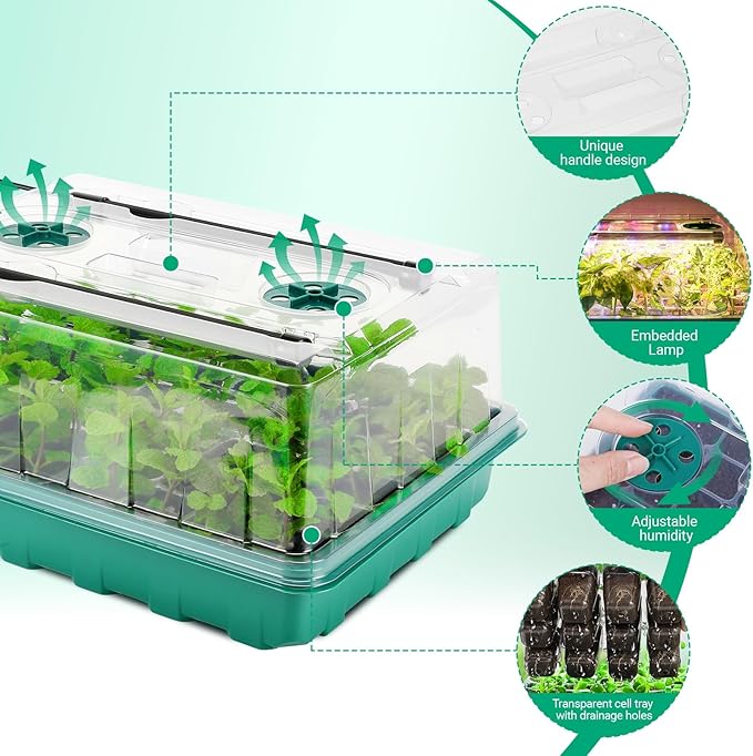 Upgraded 96 Cells Seed Starter Tray with Grow Light, Seed Starter Kit with Adjustable Humidity Dome, Seed Starting Trays Plant Starter Kit for Seeds Growing Starting, Indoor Gardening, Greenhouse