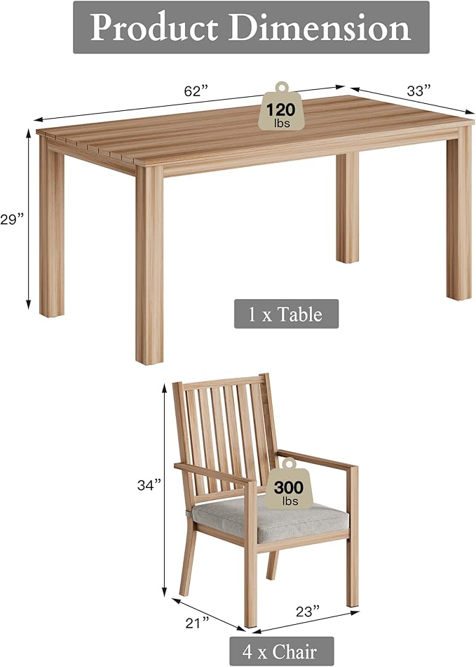 RoyalCraft 5 Pieces Patio Table and Chairs Set, Aluminum Outdoor Dining Table with 4 Chairs, Outdoor Patio Dining Sets with Removable Cushion for Garden, Backyard, Lawn, Brown