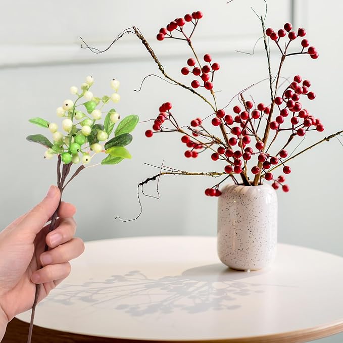 3-Pack Artificial Berry, 9.8 Inch Faux Holly Berry Foam Faux Frosted Berries with Stems for Home/Wedding/Christmas/DIY/Party/Garden/Office [White Green]