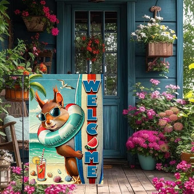 Welcome Garden Flag 12.5X18 Inch Double Side Burlap beach Surfboards Squirrel Summer Garden Flags Home Outdoor Yard Lawn Coastal Decorations