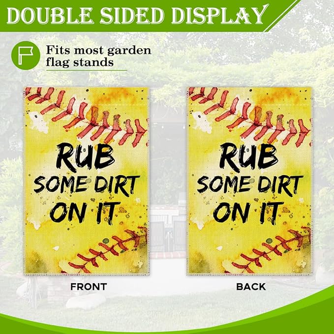 Hafhue RUB Some Dirt On It Garden Flag, 12 x 18 Inch Double Sided Farmhouse Holiday Yard Garden Lawn Decoration Flag, Spring Softball Garden Yard Flag, Baseball Flag Gift for Baseball Lover