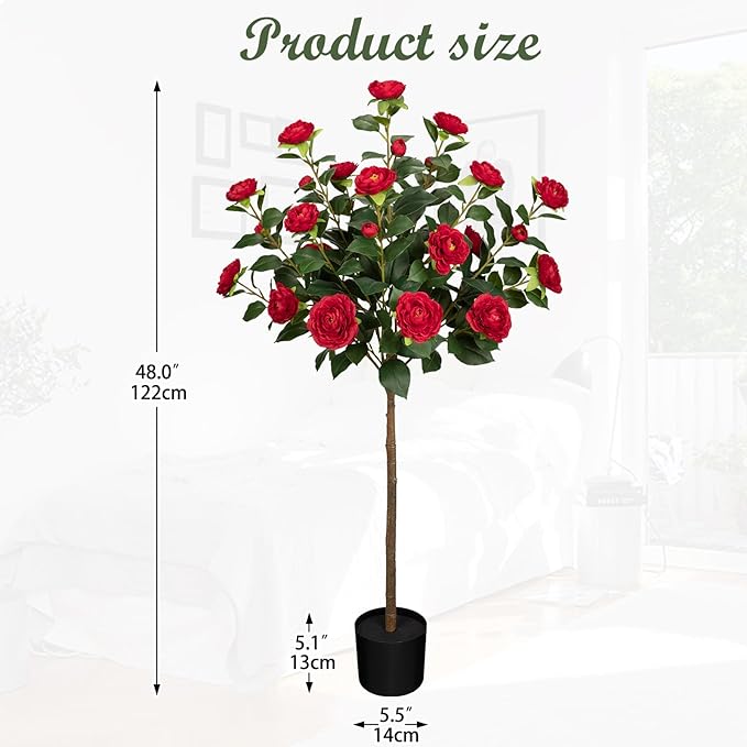 4ft Artificial Camellia Tree Fake Camellia Plant with Red Flowers Faux Floral Plant Blooming Tree in Black Pot for Indoor Outdoor Office Home Front Door Porch Decor (2 Pack - Red)