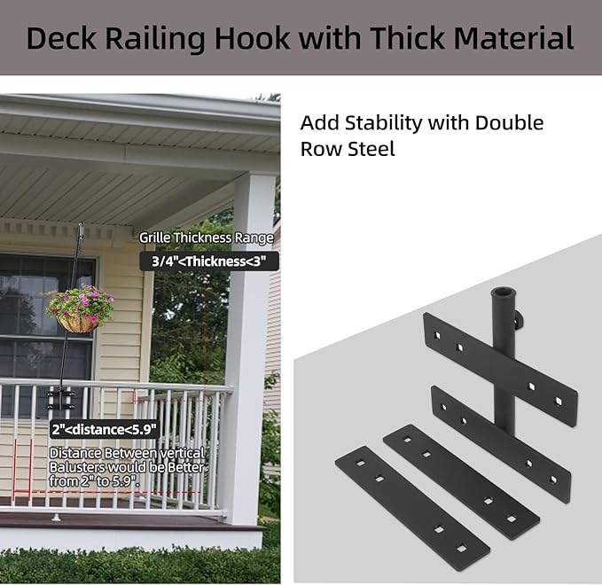 Deck Hook-Deck Railing Plant Hanger Outdoor,Bird Feeder Hanger for Deck Railing W/Double Clamps, Fence Shepherds Hooks Bracket for Hanging Hummingbird Feeder,Planter,Flower Baskets-360°Rotating Pole