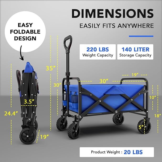 Lifetime Home Collapsible Foldable Heavy Duty Utility Wagon Cart with Larger Capacity - Perfect for Shopping, Sports Events, Grocery, Moving, Camping, Laundry, Beach - Blue
