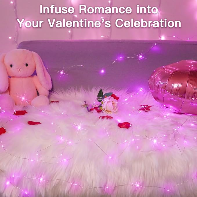 suddus Pink Valentine Day Fairy Lights Battery Operated, 66ft 200 LED String Lights with Remote & Timer, Waterproof Twinkle Lights for Bedroom, Romantic Wedding, Party, Indoor & Outdoor Decor