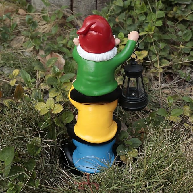 Funny Garden Gnome Statues with Solar Lights Outdoor Decorations, Triple Gnome Statues Unseen Unheard Unspeak Sculptures Outdoor Patio Lawn Yard Garden Decor Housewarming Gifts