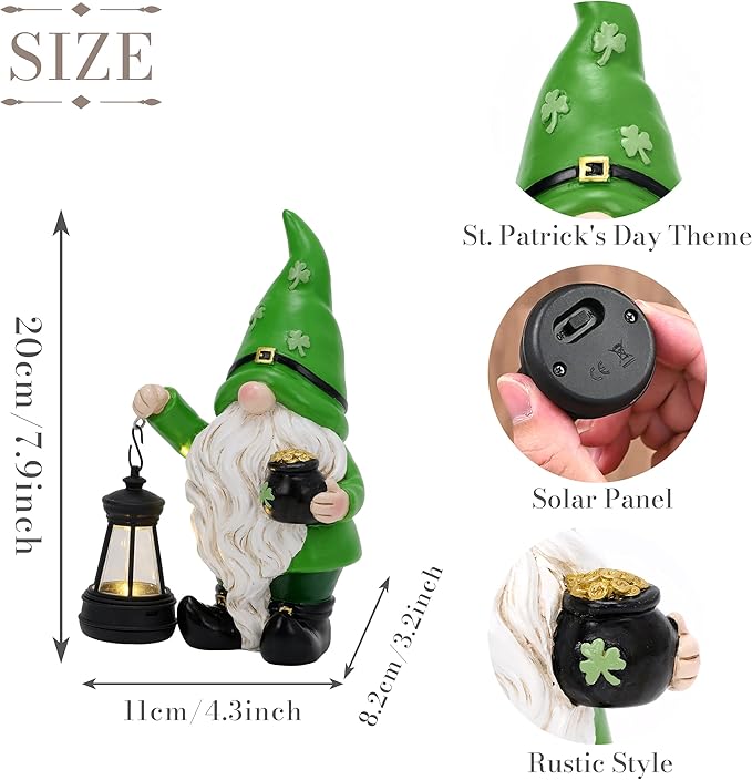 TERESA'S COLLECTIONS St Patricks Decorations for Outdoor Decor, Resin Garden Gnome Holding Lantern with Solar Lights for Porch,Shamrock Leprechaun Figurine for Outside, Irish Gifts for Home,8"