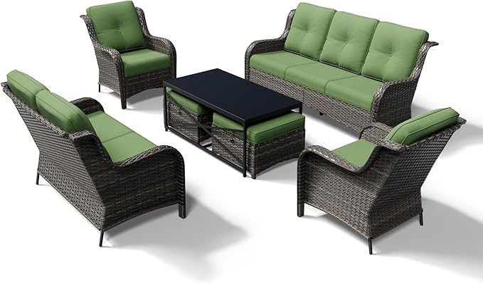Joyside 7 Piece Wicker Patio Furniture Set, Rattan Patio Chairs with High Back, Deep Seating, Wide Armrest, Thickened Cushions, Outdoor Furniture for Deck, Porch Use