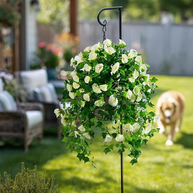 Morning Glory Artificial Hanging Flowers for Outdoors 3 Pcs Fake Petunias Flower Faux Silk Long Trailing Vines Realistic Flower for Front Door Porch Patio Balcony Garden Yard Decor (3 Pcs Beige)