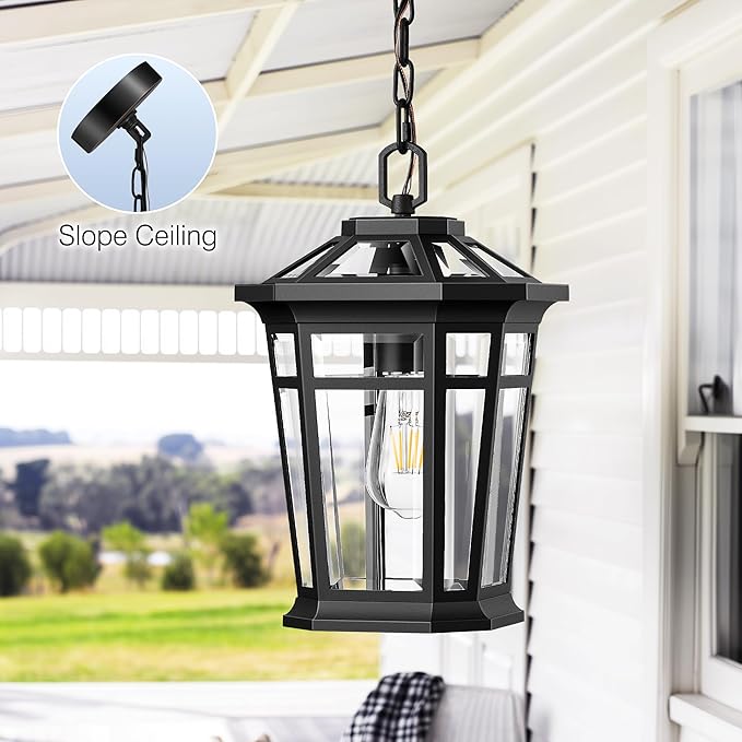 VIANIS Large Outdoor Pendant Lights for Porch, Black Hanging Light Fixture, 100% Aluminum Waterproof Anti-Rust Ceiling Lighting for House, Outside Hanging Lantern for Porch, Garden, Garage, 1-Light