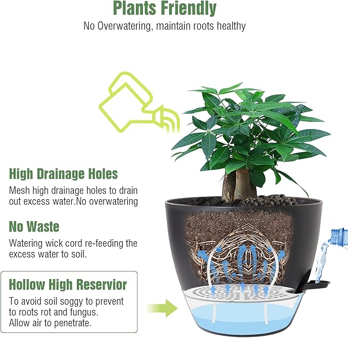 UOUZ 12inch 2Pack Large Self Watering Planters, Plastic Plant Pots with 60oZ Removable Deep Reservoir and Multi Mesh Drainage Holes for Indoor Outdoor Garden Plants and Flowers, Black