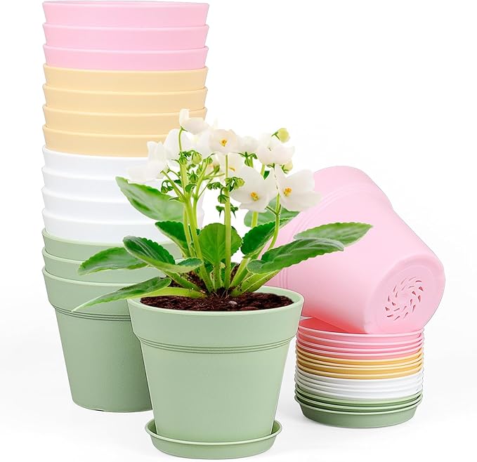 Meowell 4 inch Small Plastic Nursery Pots,16 Pack Plant Pots for Indoor Outdoor Plants, Flower Pots with Drainage Holes and Saucers, Decorative Seeding Starter Planters for House Plants, Colorful