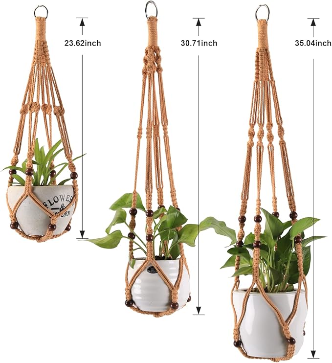 MKO SHUN 3-Pack Macrame Plant Hanger Indoor - Hanging Planter Basket for Indoor Outdoor - Decorative Boho Plant Holders Set with Beads - Ceiling Flower Pot Holder with 6 Hooks - 35"/30"/24" Brown