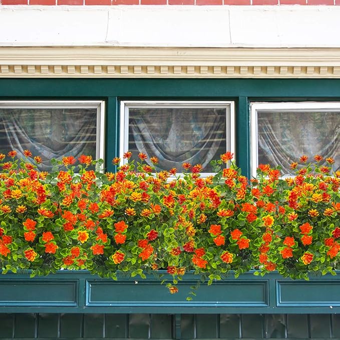 Grunyia 10 Bundles Artificial Fake Flowers, Faux Outdoor Plastic Plants UV Resistant Shrubs Outside Indoor Decorations (Orange-Eucalyptus)