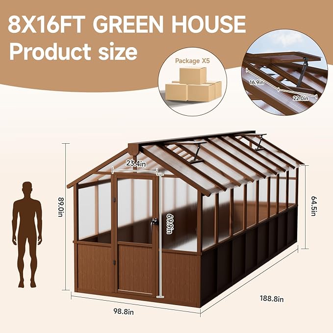 8x16 FT Wooden Greenhouse,Natural Wood Garden House for Plants,Heavy Duty Green House with Polycarbonate Panl, Walk-in Large Garden Greenhouse for Yard, Patio, and Backyard