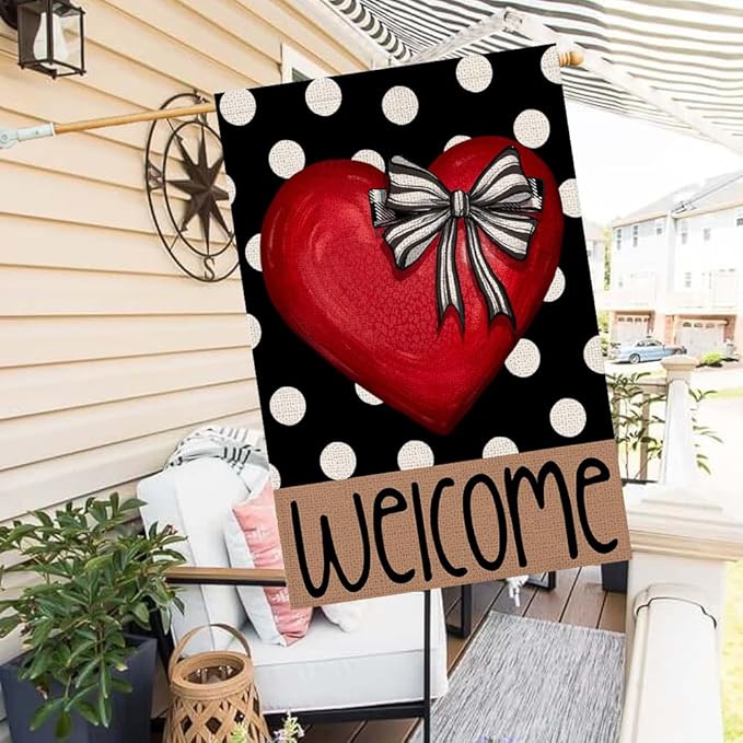Polka Dot Red Heart with Bow Welcome Valentines House Flag 28x40 Inch Double Sided Outside Love Outdoor Seasonal Decorative Large Garden Decorations