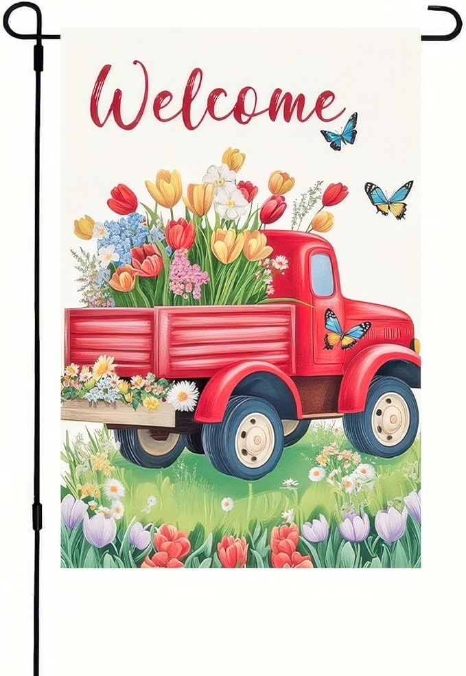 Outdoor Garden Flag Double Sided Garden Flag Welcome Red Truck Flag Spring Flowers and Butterflies Design 12x18 Inch Polyester Yard Decoration for Outdoor Lawn and Patio