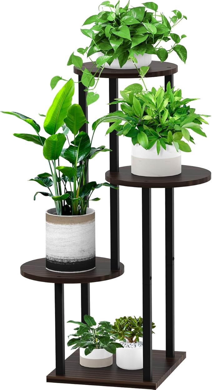 YOCOMEY Plant Stand Indoor, 4 Tier Thickened Metal Corner Plant Shelf for Multiple Plants, Indoor Plants Tiered Flower Pot Stand for Patio Garden Balcony Living Room Bedroom(Black Oak)