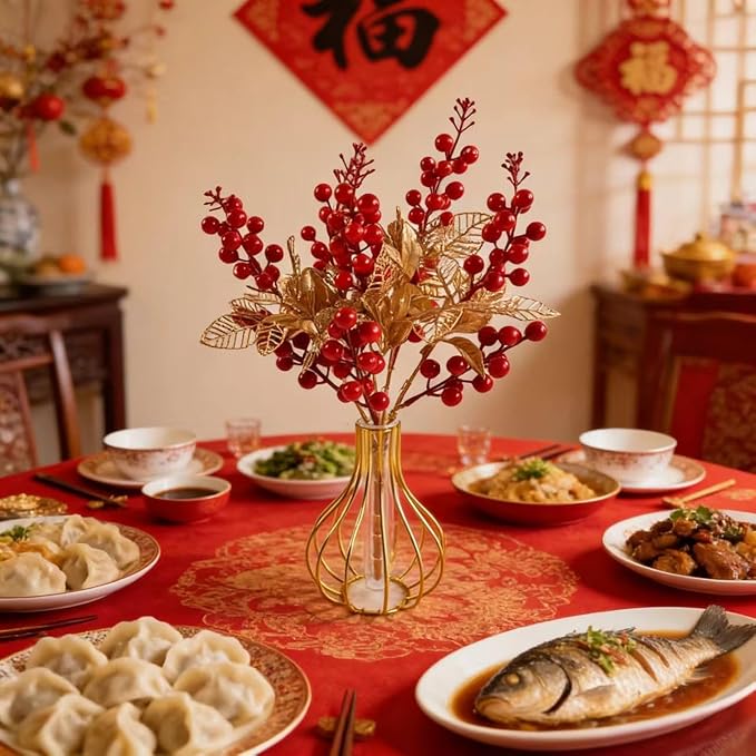 KYMY Chinese & Vietnamese Lunar New Year Artificial Berry Branch – 2026 Red Holly Berries Stems with Gold Leaves, 15.7 Inch Spring Festival Floral Picks for Vase Table Home Decor