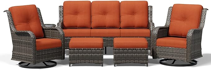 Joyside 6 Piece Wicker Patio Furniture Set, Outdoor Swivel Rocker Patio Chairs with High Back, Deep Seating, Wide Armrest, Thickened Cushions, Outdoor Furniture for Deck, Porch Use