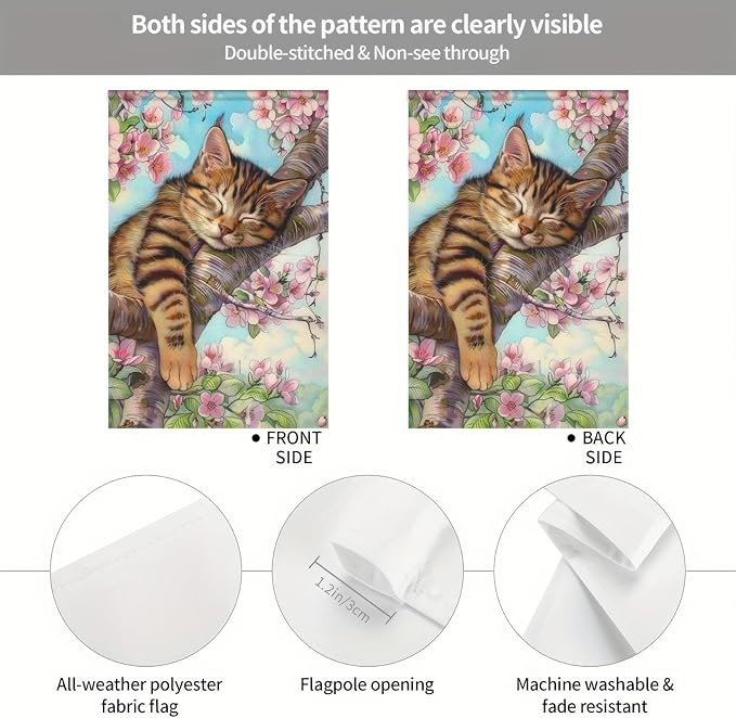 Spring Garden Flag 12x18 Double-Sided Spring Outdoor Decor Cat in Blooming Cherry Blossoms Springs Flag For Outside for Outdoor DecorationYard and Porch