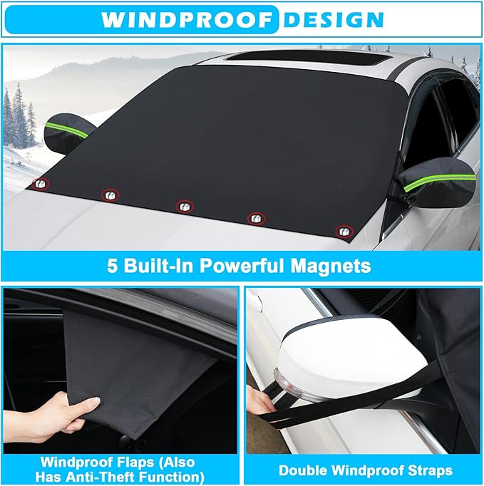 Tevlaphee Windshield Cover for Ice and Snow, Heavy Duty 600D Oxford Fabric, Waterproof, Embedded Magnets, Side Mirror Protector, Fit Most Cars, SUVs, Vans, Truck