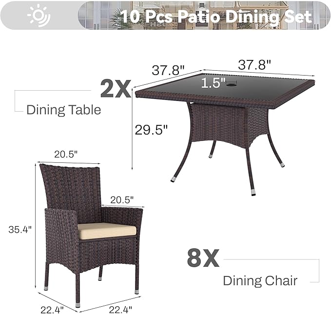 10 Piece Outdoor Dining Set,Rattan Patio Conversation Set of 8 Chairs,Patio Dining Table and Chairs w/Cushions,Square Glass Tabletop,Umbrella Cutout for Patio,Sand