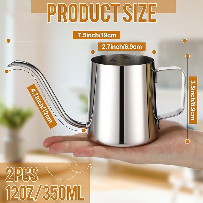 2 Pcs 12 oz / 350 ml Watering Can for Indoor Plants, 304 Stainless Steel Small Gooseneck Spout Kettle, Mini Indoor Watering Can with Scale and Long Spout