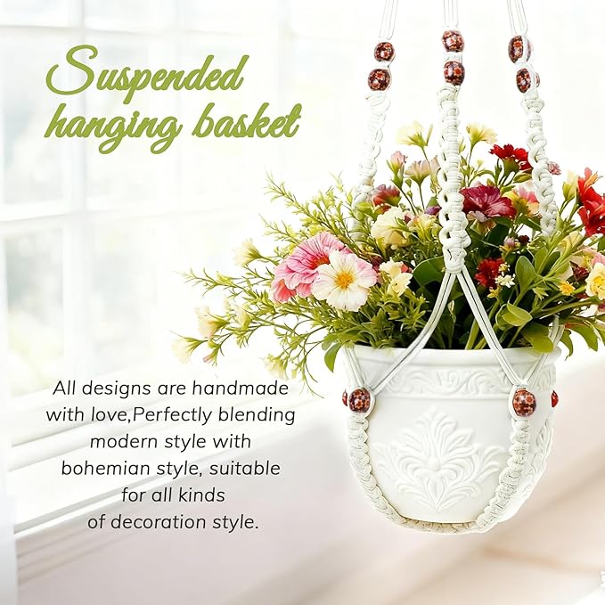 HOREAKHJ 35 Inch Macrame Plant Hanger, Large for up to 15 Inch Pot Extra Long Hanging Planter Holder Basket with Wood Beads for Indoor Outdoor Home Decor (Ivory, 2-Pack)