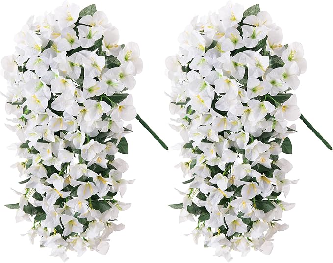 2 pcs Artificial Faux Bougainvillea Flowers Plants for Outdoor Outside Summer Decoration, Fake Silk UV Resistant Long Trailing Vines for Front Door Porch Planter Balcony (White)
