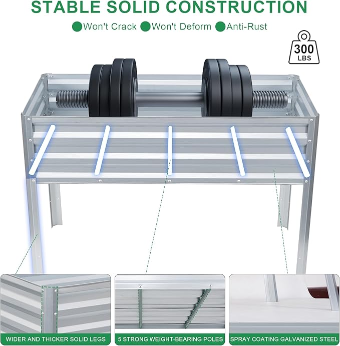 Elevated Raised Garden Bed with Legs, 48x24x32in Galvanized Planter Box Outdoor with Drainage Holes, Large Metal Raised Beds for Gardening Vegetables Herbs, Backyard, Patio, Balcony - Silver