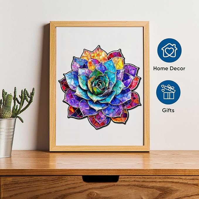 Delobil Stained Glass Succulent Wooden Puzzles for Adults, 500 Pieces Mandala Jigsaw Puzzles, Unique Shaped Royal Size Wood Puzzle Gift for Kids, Family Game 16.4'' x 16.7''