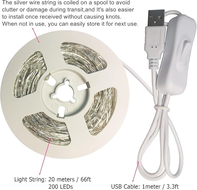 RUICHEN Silver Wire 66 Ft 200 LED USB Fairy String Lights with On/Off Switch (Warm White)