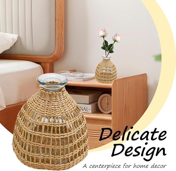 Flower Vases with Rattan Cover, Straw Woven Glass Vase, Rattan Woven Vase Decorative, Glass Flower Vase, Boho Glass Flower Vase, Vase for Home Flower Arrangement Table Decoration, 5.3''X3.5'',D Style